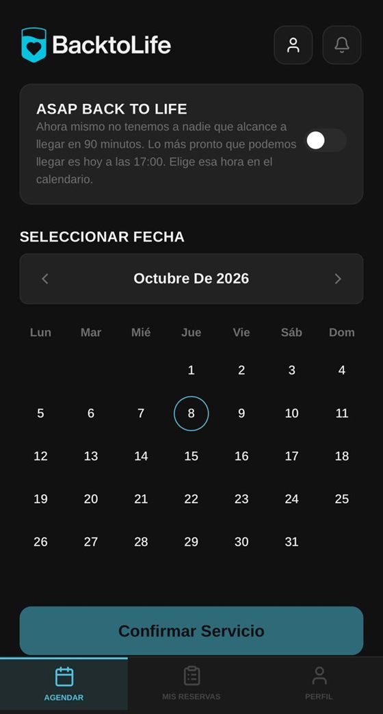 Pantalla para seleccionar fecha en el calendario y confirmar el servicio
