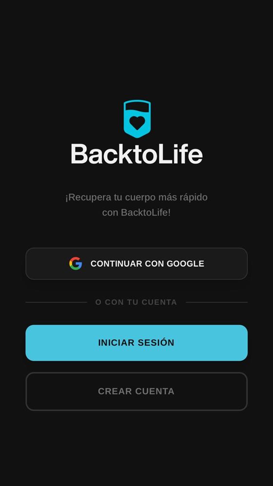 Pantalla de inicio de sesión de BacktoLife con opción de continuar con Google