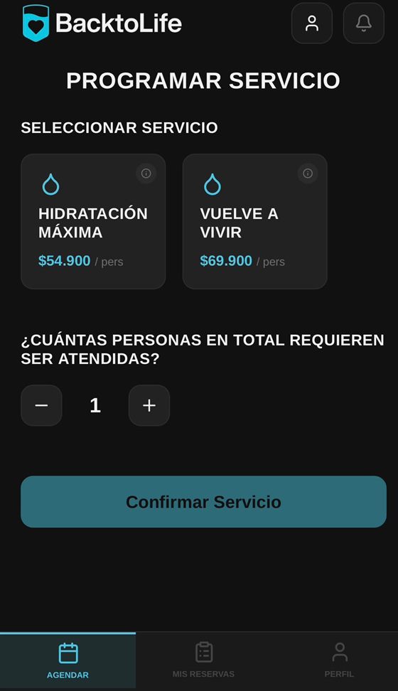 Pantalla para programar servicio: Hidratación Máxima y Vuelve a Vivir, con selector de personas