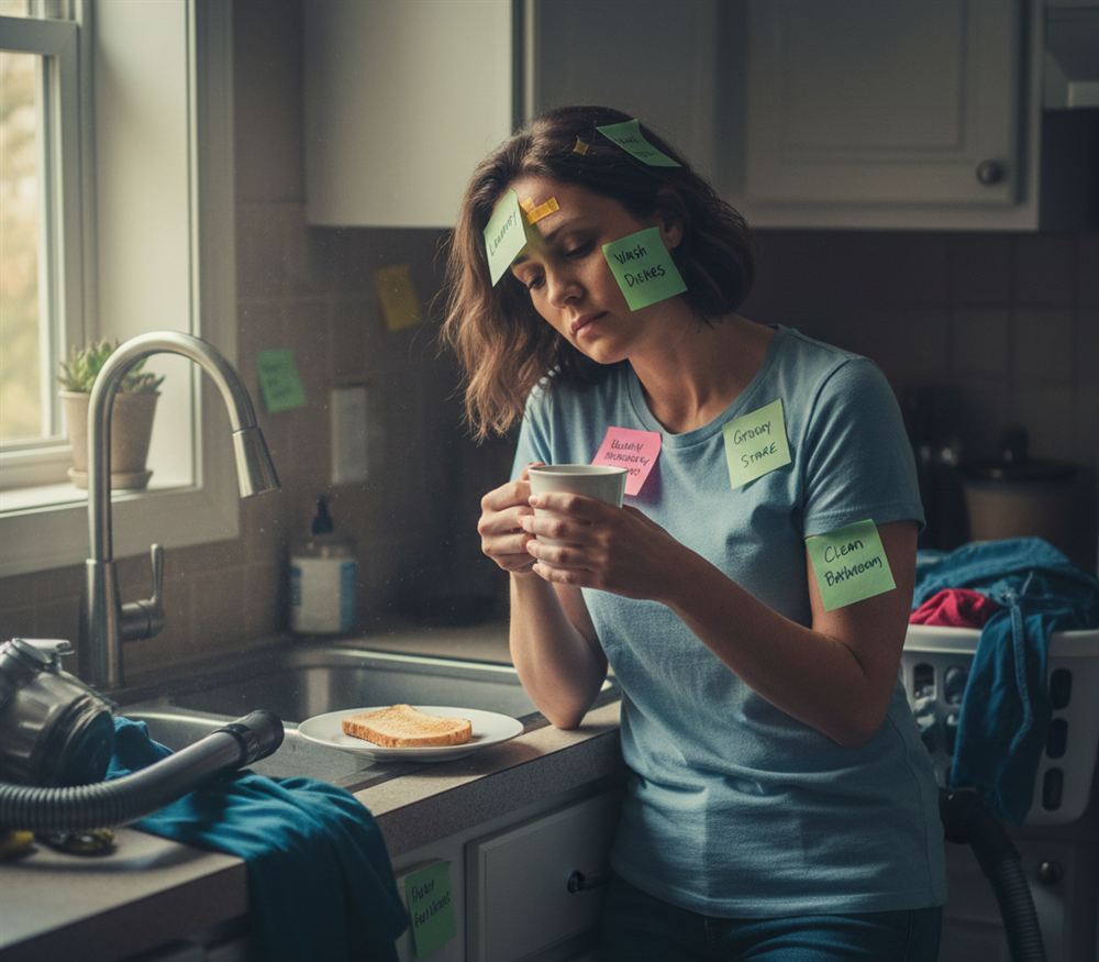 Mujer cansada en su cocina, con tareas pendientes anotadas en notas adhesivas pegadas en la ropa y el rostro