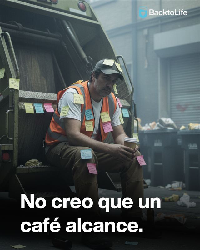 Trabajador agotado, sentado junto a un camión de basura. Texto: No creo que un café alcance.