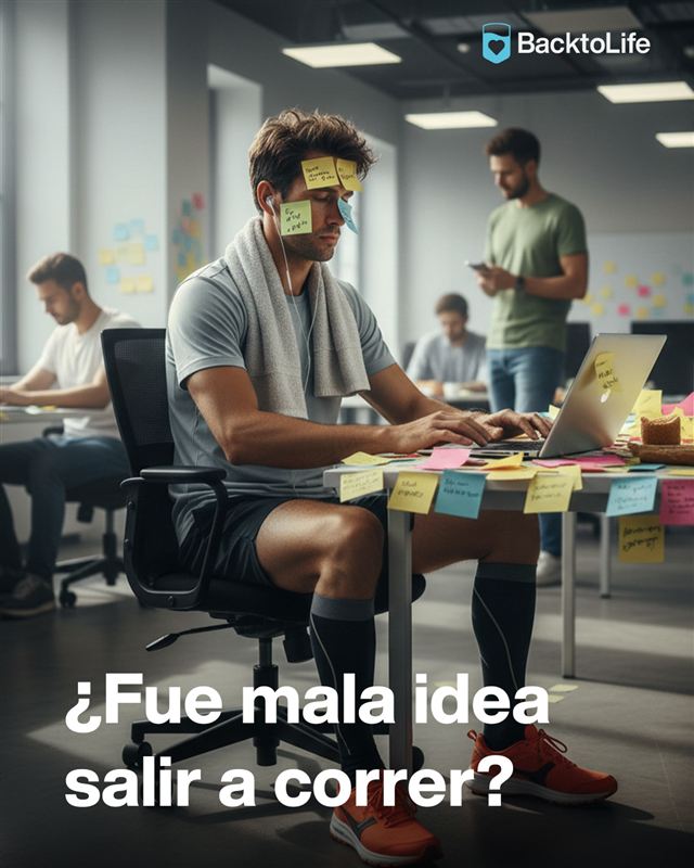 Hombre en ropa deportiva, agotado, trabajando en una oficina. Texto: ¿Fue mala idea salir a correr?