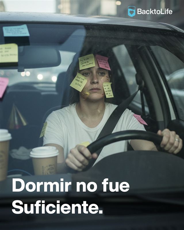Mujer al volante con notas adhesivas en el rostro. Texto: Dormir no fue suficiente.