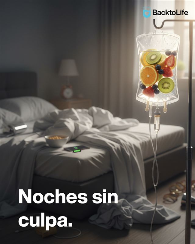 Dormitorio desordenado con un suero intravenoso junto a la cama. Texto: Noches sin culpa.